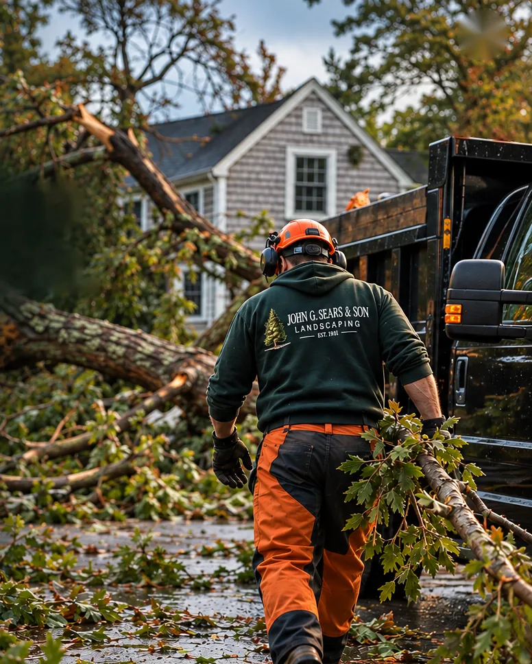Sears crew member clearing storm-downed tree limbs at a Cape Cod home